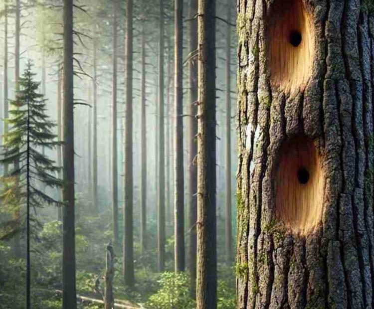 A hollowed-out tree with two mysterious holes, hidden in the heart of the forest.