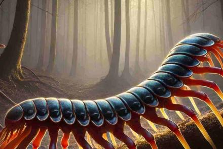 A small, mysterious creature exploring bright, colorful mushrooms growing in a damp forest area.